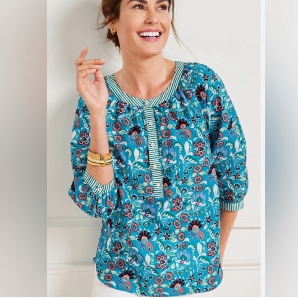Talbots Turquoise Floral Print Contrast Stripe Henley Popover Size‎ Large Petite